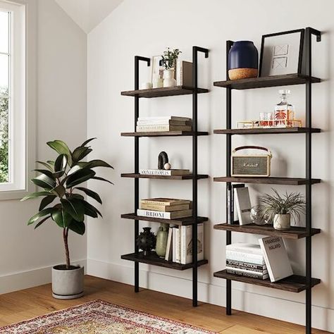 Black Wood Shelves Living Room, Living Room Side Shelf, Charcoal Book Shelves, Metal Office Shelves, Concrete Shelves Living Room, Wood And Metal Shelves Living Room, Metal Book Shelves In Living Room, Modern Industrial Book Shelf, B&m Shelves