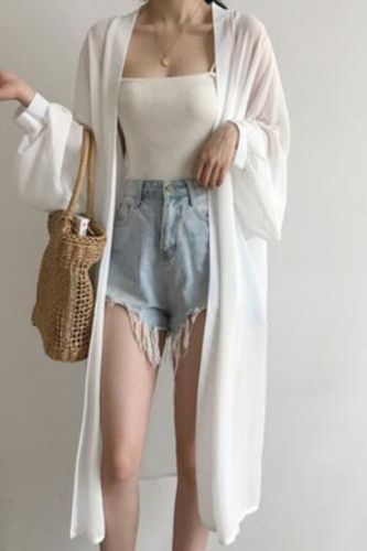 Kimono Beach Summer Cardigan Women Long Sleeve White Shirt Plus Size Vintage Clothes Blusas Mujer De Moda 2021 Cardigan Outfit Summer, Dress Beach Outfit, Long Cardigan Outfit, Long White Cardigan, Outer Cardigan, Long Outer, Chiffon Cardigan, Summer Cardigan, Cardigan Style