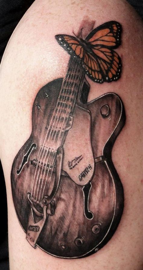 Color, Guitar with a Butterfly Tattoo A Butterfly Tattoo, Guitar Tattoo, Guitar Lovers, Tattoo Aftercare, Music Tattoo, Music Tattoos, Grey Tattoo, Guitar Body, Butterfly Art