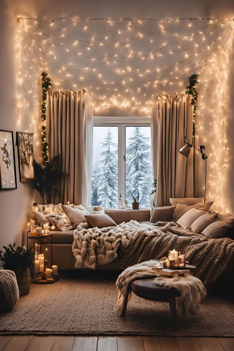 Cozy bedroom Christmas lights Christmas Lights In Living Room Ideas, Decorating With Christmas Lights Indoors, Fairy Light Decor Ideas Bedroom, Fairy Lights On Ceiling, Ceiling Fairy Lights, Christmas Decorations Ceiling, Christmas Lights Bedroom, Cozy Christmas Lights, Christmas Lights In The Bedroom