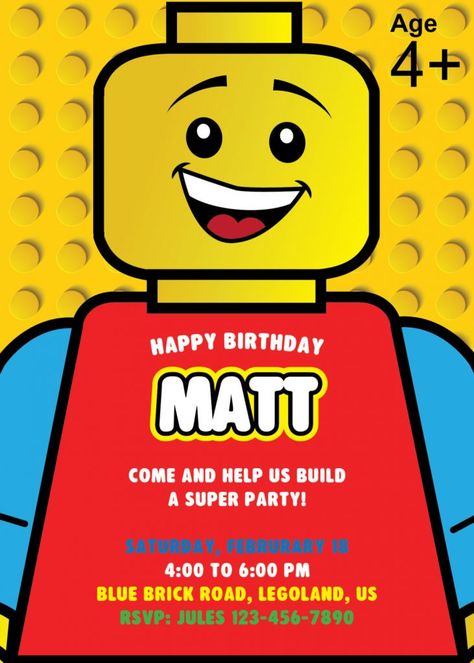 Lego Birthday Party Invite Cricut Lego, Lego Party Invitations, Lego Invitation, Lego Birthday Invitation, Lego Birthday Invitations, Happy Birthday Matt, Lego Invitations, Lego Themed Party, Lego Head