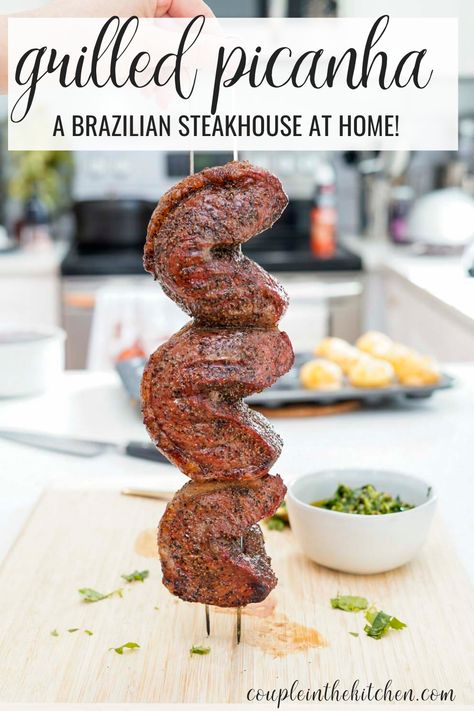 Brazilian Steak Recipe, Brazilian Bbq Party, Spit Cooking Meat, Beef Picanha Recipe, Brazilian Steak Seasoning, Brazilian Steak Marinade, Brazilian Beef Recipes, Brazilian Meat Recipes, Brazilian Bbq Recipe