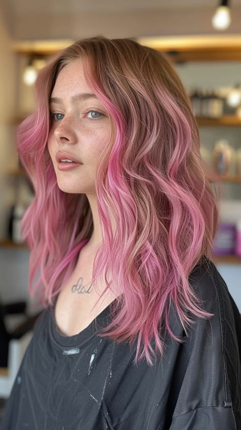 Cool Pink Hair Dye Ideas, Pink Temporary Hair Color, Pink Hair Bottom Half, Partial Pink Hair, Lived In Pink Hair, Color Block Hair Pink, Dirty Blonde And Pink Hair, Light Brown Hair Pink Highlights, Pink On Blonde Hair