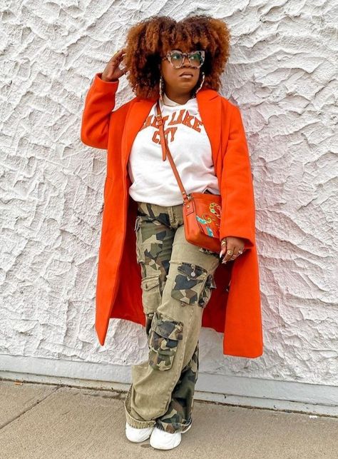 Camo And Orange Outfit, Orange And Camo Outfit, Army Fatigue Outfits For Women, Cardigan Outfit Plus Size, Camo Fits, Orange Outfits, Weekend Fashion, Winter Sweater Outfits, Camo Outfits