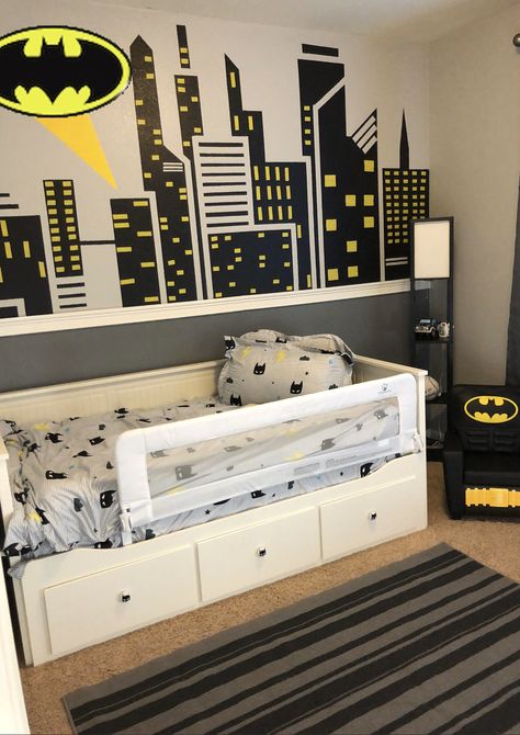 Batman Themes Boys Room Batman Inspired Room, Batman Bedroom Ideas, Batman Bedroom Ideas Boys, Batman Room Ideas Boys, Batman Toddler Room, Bat Bedroom, Batman Room Ideas, Boys Batman Bedroom, Batman Baby Room