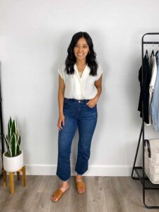 white collared button up camp shirt   medium wash cropped kick flare jeans   cognac slides   gold hoops   gold initial necklace Nursing Friendly Outfits, Packing Wardrobe, Spring Wardrobe Essentials, Core Wardrobe, Blue Jean Outfits, My Core, Gold Initial Necklace, Kick Flare Jeans, Hoops Gold