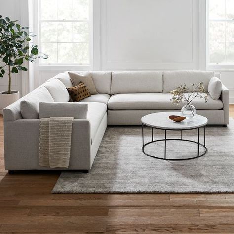 West Elm Marin Sectional, Neutral Living Room Gray Floor, Affordable L Shaped Couch, Modern Couch West Elm, Medium Sectional Sofa, Frost Gray Couch, Modern Living Room Ideas 2023, Sofa Seating In Living Room, L Shape Sectional Living Room