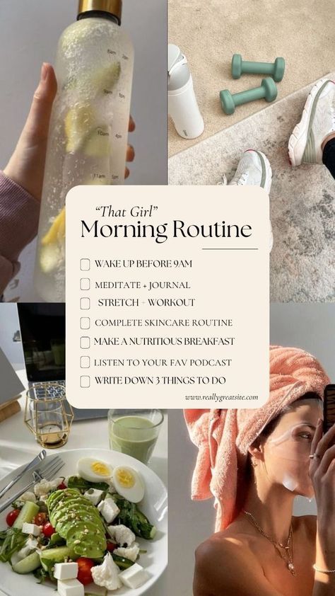 Healthy Morning Routine Skin Care, Healthy Life Esthetics, That Girl Checklist, Glow Up Day Routine, How To Glow Up Fast, Glow Up Morning Routine, Exercise Vision Board, Aesthetic Hydration, How To Glow Up