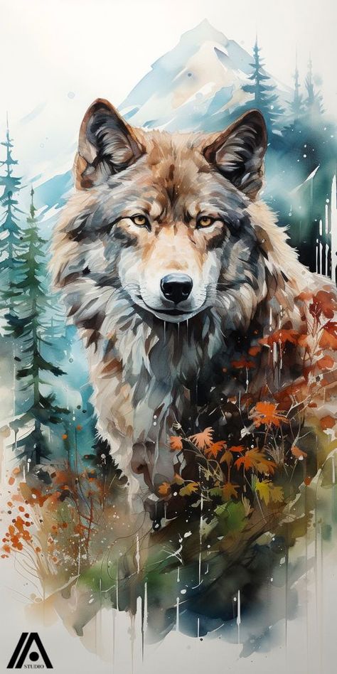 Forest Animal Painting Acrylic, Wolf Paintings Acrylic, Wolf Pictures Wolves Art, Wolf Scenery, Wolves Painting Acrylic, Wolf Watercolor Painting, Wolf Paintings, Scenery Watercolor, Wolf Watercolor