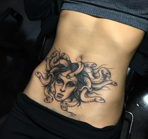 Medusa Belly Tattoo Lower Belly Tattoos, Abdomen Tattoo, Lower Stomach Tattoos, Tummy Tattoo, Stomach Tattoos Women, Medusa Tattoo Design, Belly Tattoos, Belly Tattoo, Medusa Tattoo