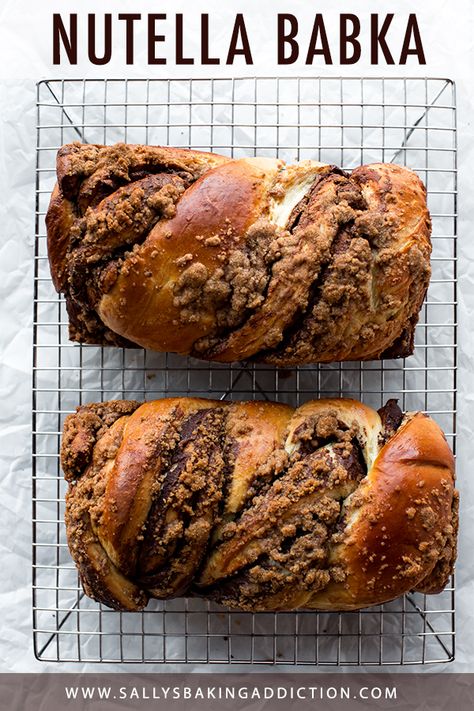 Deliciously sweet and addictive bread swirled with Nutella and topped with buttery cinnamon crumbles! Nutella babka recipe on sallysbakingaddiction.com Nutella Babka, Hanukkah Desserts, Easter Bread Recipe, Babka Recipe, Cinnamon Crumble, School Recipes, Easter Bread, Crumble Topping, Köstliche Desserts