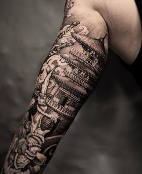 Japanese Temple Sleeve Tattoos, Inner Bicep Japanese Tattoo Men, Inner Arm Sleeve Tattoo Men, Japanese Bicep Tattoo Men, Japanese Tattoo Temple, Mens Japanese Sleeve Tattoos, Japanese Samurai Tattoo Sleeve For Men, Japanese Inner Bicep Tattoo, Japanese Arm Sleeve Tattoo For Men