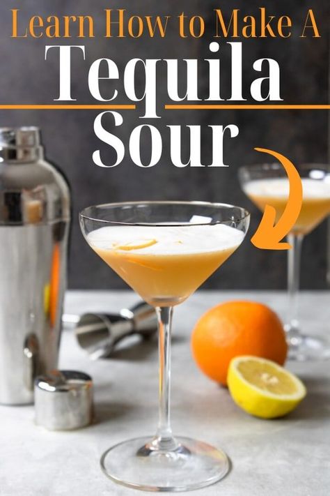 Finally a "sour" cocktail for tequila lovers! This drink is made with reposado or anejo tequila, egg white, orange, lemon and agave. Learn the secrets to making a frothy cocktail! Tequila Sour Recipe, Tequila Sour, Bartending 101, Best Mixed Drinks, Entertaining Dinner, Tequila Cocktail, Sour Foods, Motherhood Lifestyle, Cocktails Recipes