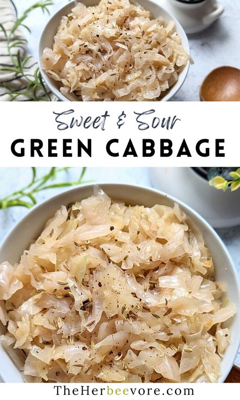 This sweet and sour green cabbage recipe is one of the easiest, tastiest side dishes you can make! It's flavorful, tender, and inexpensive - and goes great with any protein! Green Cabbage Recipes Crock Pot, Sweet Sour Cabbage Recipes, Sweet And Sour Cabbage Recipes, Sweet Cabbage Recipe, Sour Cabbage Recipes, Green Cabbage Recipes, Sweet Sour Cabbage, Gina Livy, Crockpot Cabbage Recipes