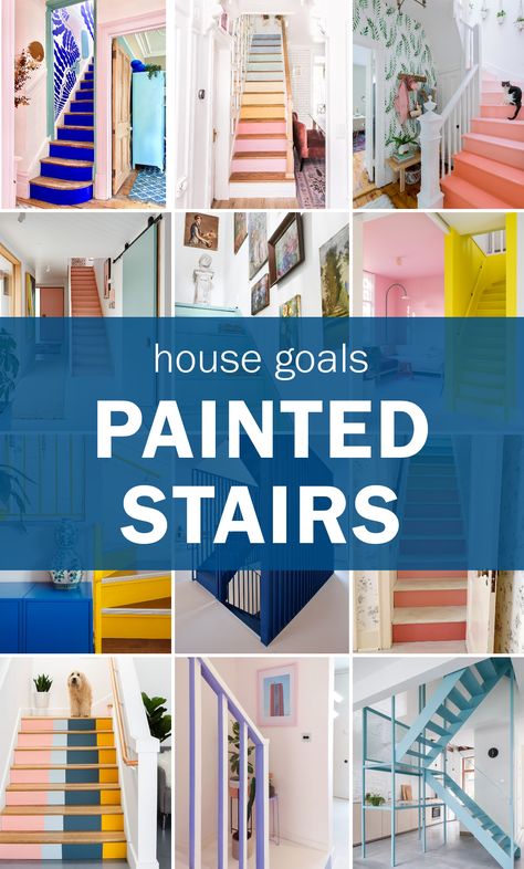 Coloured Stairs Ideas, Painted Open Staircase, Quirky Staircase Ideas, Colorful Stairs Paint, Colourful Stairs Ideas, Colourful Staircase Ideas, Staircase Colours Paint Colors, Fun Painted Stairs, Stair Colors Paint