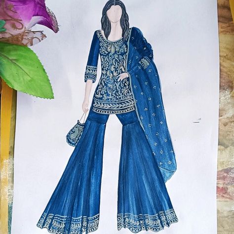 Sharara Fashion Illustration, Dress Illustration Design, Designer Gharara, Bride Fashion Illustration, Fashion Studies, Gharara Designs, 3d Dress, Sketches Fashion, Long Gown Design