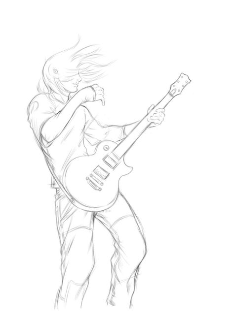 Guitar Illustration Drawing, Human Base Drawing, Guitarist Art, Guitar Sketch, Easy Graffiti Drawings, Guitar Illustration, Guitar Drawing, Drawing Female, Human Figure Sketches