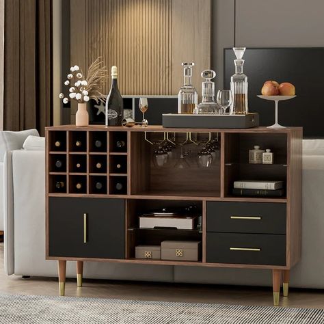 Ebern Designs Hyeng Kitchen Sideboard Buffet Cabinet with 12 Wine Bottle Rack, Stemware Holder and Drawers - Wayfair Canada Wine Cabinet Design, Kitchen Buffet Table, Wine Rack Sideboard, Wood Bar Cabinet, Home Bar Cabinet, Wine Bar Cabinet, Wine Rack Cabinet, Living Room Orange, Wine Bottle Rack