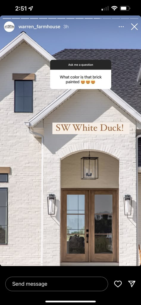 White Brick House With Brown Roof, White Brick Painted House, White House Tan Roof, Shakewood Shingles Timberline, Cream And Brown House Exterior, Off White House Interior, French Country Brick Exterior, Dove Wing Exterior Paint, White House Taupe Shutters