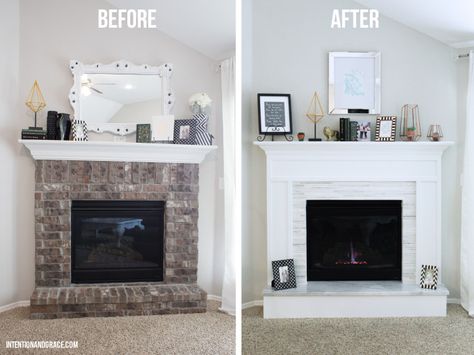 How to cover brick with wood and marble on this modern fireplace makeover  |  Intentionandgrace.com DIY's Cover Brick Fireplace, Diy Modern Fireplace, Modern Fireplace Makeover, Fireplace Redo, Brick Fireplace Makeover, Fireplace Built Ins, White Fireplace, Farmhouse Fireplace, Contemporary Fireplace