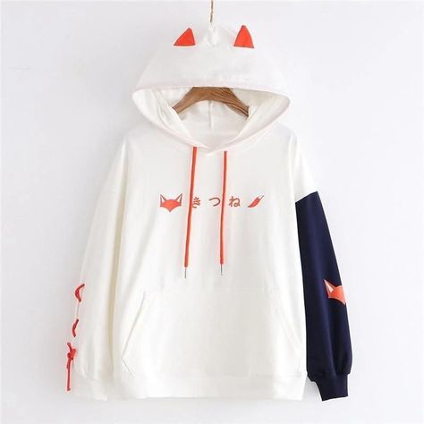 be53ee61104935234b174e62a07e53cfdesc41809011ri Mode Mantel, Fox Hoodie, Smink Inspiration, Kawaii Fashion Outfits, Fox Print, Kawaii Clothes, Casual Elegance, Kawaii Fashion, White Sweatshirt