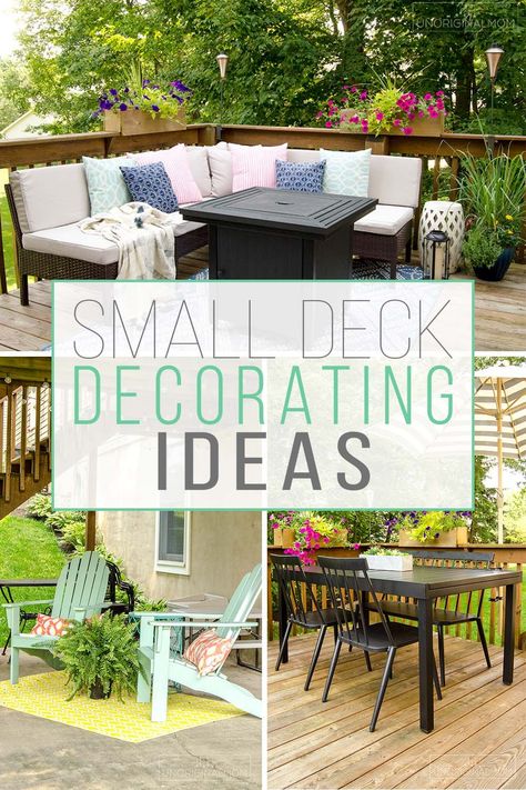 Small Deck Decorating Ideas: Our Deck Tour - unOriginal Mom Summer Deck Decor, Pool Deck Decorations, Outdoor Deck Decorating, Small Deck Decorating, Backyard Oasis Ideas, Backyard Designs, Back Deck Decorating, Small Deck Decorating Ideas, Budget Patio