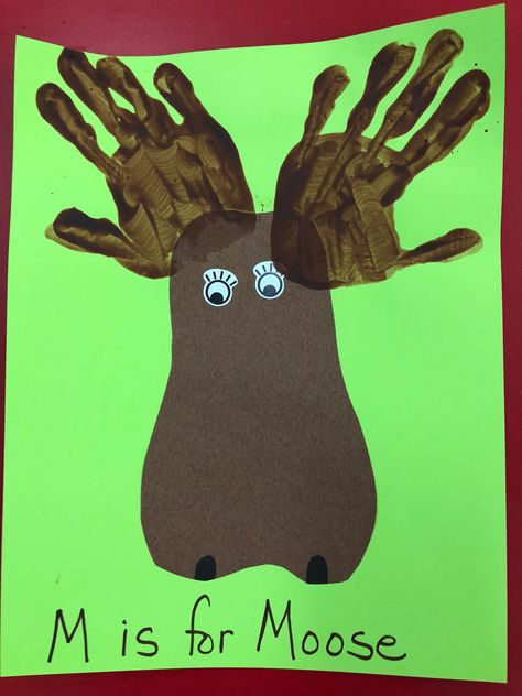 M—Moose Handprint (antlers) North American Animals Preschool, Moose Handprint Craft, Moose Activities Preschool, Moose Crafts For Toddlers, Forest Animals Crafts For Toddlers, Caribou Craft, Handprint Moose, Moose Crafts For Preschool, Forest Animals Preschool Crafts