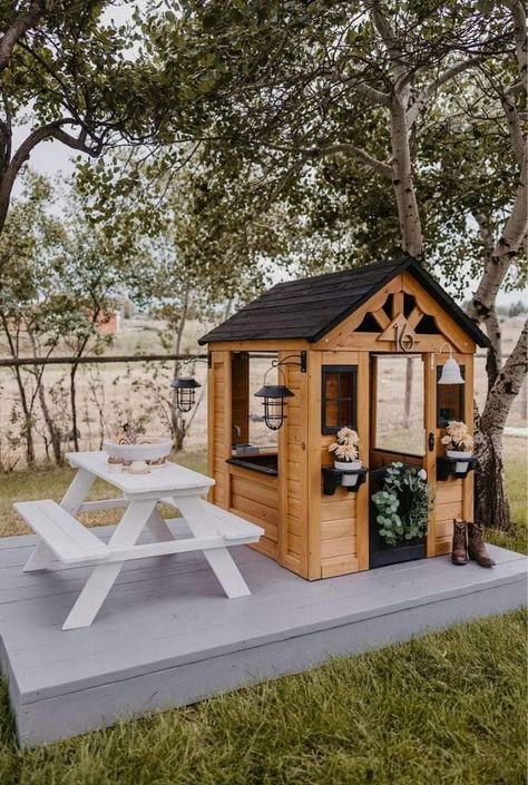 Discovery Playhouse Makeover, Playhouse In Backyard, Corner Playhouse Outdoor, Outdoor Playhouse Setup, Small Backyard Playhouse, Outdoor Kids Activities Backyard Ideas, Outdoor Play Village, Back Yard Play Area For Toddler, Backyard Discovery Sweetwater Playhouse Makeover