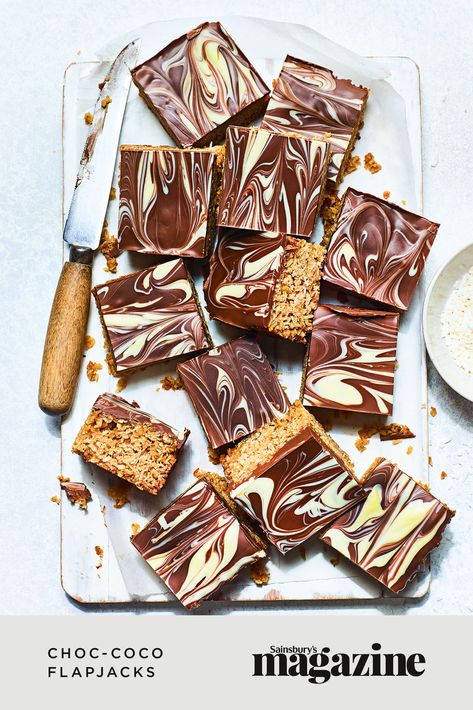 These gluten free flapjacks boast a luxurious blend of chocolate and coconut. Get the Sainsbury's magazine recipe Flapjacks Recipe, Traybake Recipes, Slice Recipes, Magazine Recipe, Sainsburys Recipes, Flapjack Recipe, Easy Cakes, Chocolate And Coconut, Vegan Baking Recipes