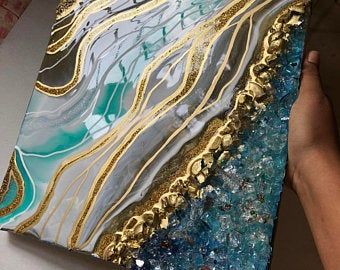 Geode Pattern, Resin Geode Art, Resin Art Canvas, Resin Geode, Interior Paintings, Resin Art Painting, Geode Art, Gold Canvas, Fluid Acrylic Painting