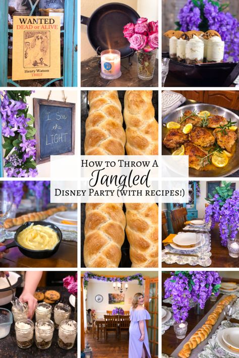 Disney Dinners: Tangled – The Rose Table Frying Pan Chicken, Braid Bread, Disney Themed Movie Night, Disney Movie Night Food, Themed Nights, Disney Movie Night Dinner, Disney Themed Food, Movie Night Dinner, Disney Inspired Food