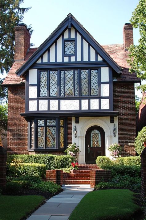 French Modern Tudor, Tudor House Floor Plans, Small Tudor House, Tudor Home Exterior, French Tudor Style Homes, Modern British House, Storybook Tudor, Modern Tudor House Plans, Tudor Exterior