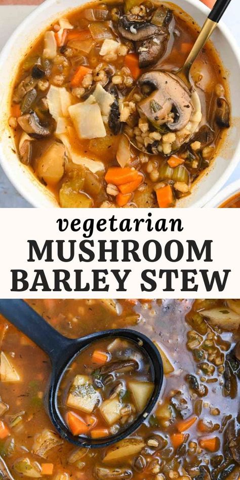 Barley Stew Recipes, Vegan Mushroom Barley Soup, Mushroom Barley Soup Recipe, Vegetarian Soups, Mushroom Barley Stew, Vegetable Barley Soup, Mushroom Barley Soup, Meatless Meals Healthy, Veg Soup