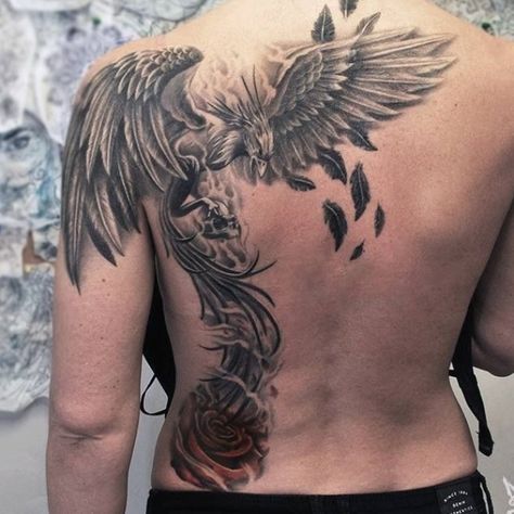 Incredible Black Ink Flying Phoenix Tattoo On Back & Shoulder #backtattoo #tattoosformen Tato Geisha, Phoenix Tattoo Men, Tato Phoenix, Phoenix Tattoo For Men, Phoenix Bird Tattoos, Phönix Tattoo, Kunst Tattoos, Phoenix Tattoo Design, Cat Tattoos