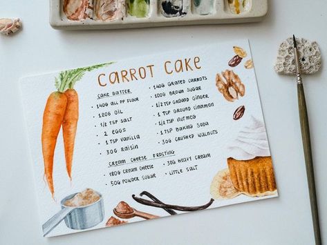 Watercolor Recipe Book, Watercolor Recipe Cards, Watercolor Recipe Illustration, Carrot Cake Drawing, Watercolor Cookbook, Recipe Sketchbook, Cake Watercolor Painting, Recipe Card Design, Recipe Watercolor