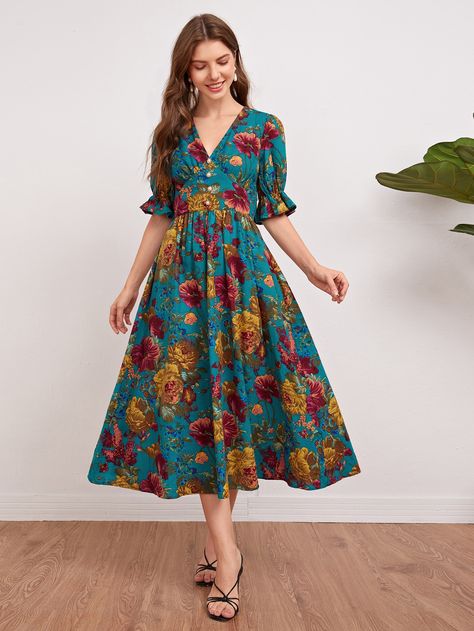 Floral Print Frock, Short Frocks, Casual Frocks, Frock Fashion, Frock For Women, Girls Frock Design, Frocks For Girls, Puff Sleeve Dresses, Frock Design