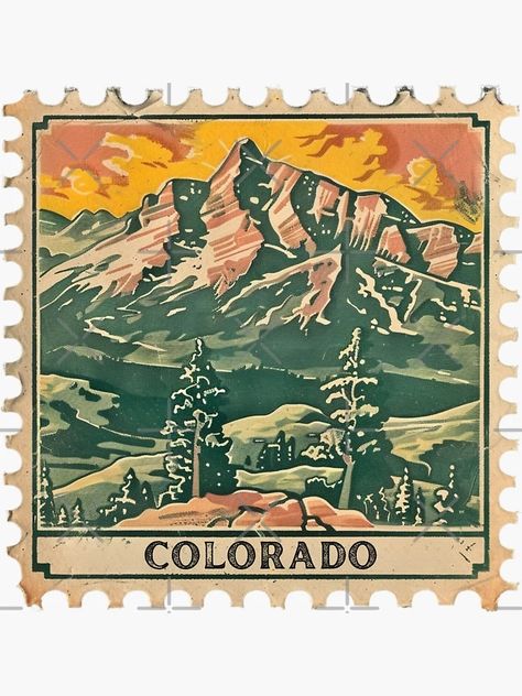 "Vintage Colorado Mountain Stamp Artwork" Sticker for Sale by tiigerdad | Redbubble Mountain Stamp, Postage Stamp Art, Vintage Postage Stamps, Colorado Mountain, Vintage Postage, Mountain Designs, Colorado Mountains, Vintage Landscape, Postage Stamp