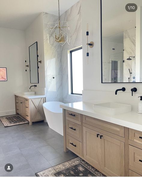 Split Bathroom Vanity Master Bath, Master Bathrooms 2024 Trends Modern, Long Master Bath Layout, Split Vanity Master Bath, Large Master Bath Ideas, Master Bath Layout, Modern Master Bath, Barndominium, Kids' Bathroom