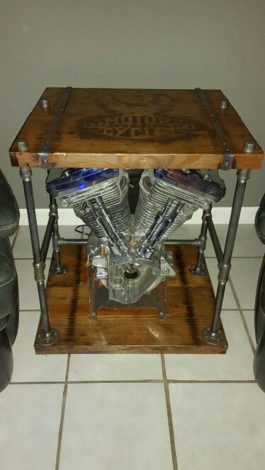 Harley motor table Motorcycle Bar Decor, Motorcycle Bar Design, Motorcycle Furniture Ideas, Biker Home Decor, Harley Davidson Furniture Ideas, Motorcycle Home Decor, Motorcycle Garage Ideas, Motorcycle Man Cave Ideas, Motorcycle Furniture