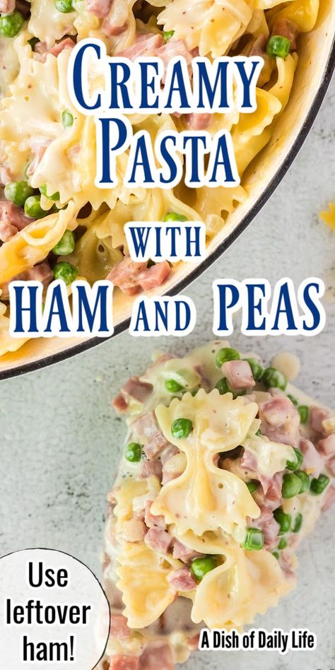 You will love this Pasta with Ham and Peas recipe. With its meaty ham, sweet green peas, and parmesan cream sauce, it is a meal that’s hearty and elegant, making it an easy pasta dish for busy weeknights any time of year. #adishofdailylife #ham #peas #pasta #maindish #familydinner #holidays #familyfavorite Leftover Ham And Pasta Recipes, Pea And Ham Pasta, Pasta With Peas And Ham, Creamy Ham Pasta, Pasta And Ham Recipes, Ham And Pasta Recipes, Ham And Broccoli Pasta, Ham And Peas Pasta, Pasta And Peas Recipe