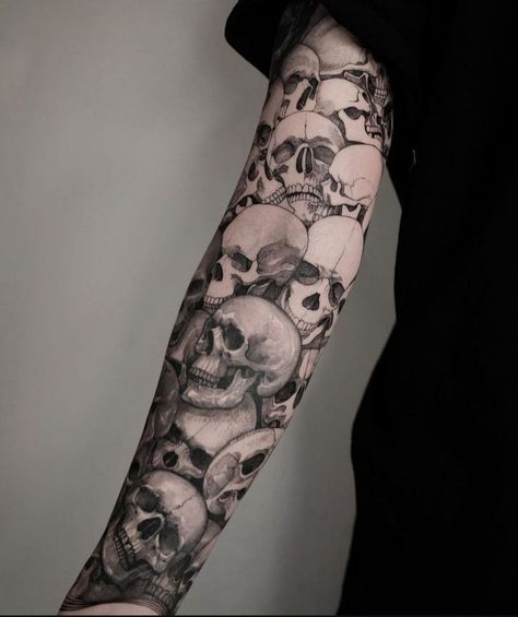 Blackwork Style Tattoo, Skull Pile Tattoo, Goth Leg Tattoo, Creepy Hand Tattoos, Skull Wrist Tattoo, Skeleton Sleeve Tattoo, Skull Tattoo Arm, Skull Arm Tattoo, Japanese Skull Tattoo