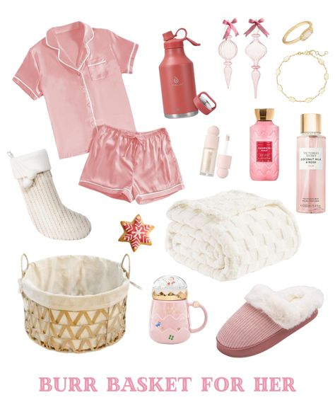 This Burr Basket for Her brings festive charm in shades of pink! Featuring silky pajamas, a cozy blanket, and plush slippers, it’s the perfect winter treat. With pink holiday ornaments, a cute hot cocoa mug, and pampering products from Victoria's Secret, this basket is all about comfort and style. Great as a thoughtful gift for anyone who loves soft, cozy, and pink holiday vibes! 🎄💕 Cute Hot Cocoa, Cute Christmas Pajamas, Burr Basket, Pink Pjs, Pajamas Aesthetic, Christmas Fits, Silky Pajamas, Winter Treats, Plush Slippers