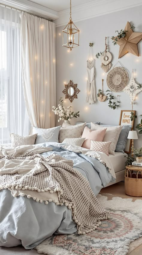 Blue Boho Girls Bedroom Blue White Boho Bedroom, Boho Blue Bedroom Ideas, Matter Bedroom Inspiration, Boho Chic Bedroom Blue, Pink And Blue Boho Bedroom, Pastel Guest Room, Beige And Light Blue Bedroom, Boho Bedroom For Girls Room, Blue Bedrooms For Girls Ideas