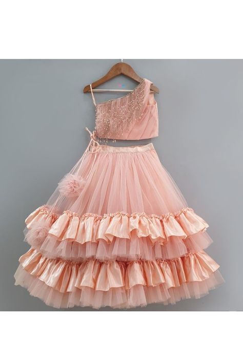 Latest Lehnga Design, Frill Lehenga, Girl Silk Dress, Kids Party Wear Dresses, Kids Dress Collection, Girls Dresses Diy, Kids Blouse Designs, Peach Lace