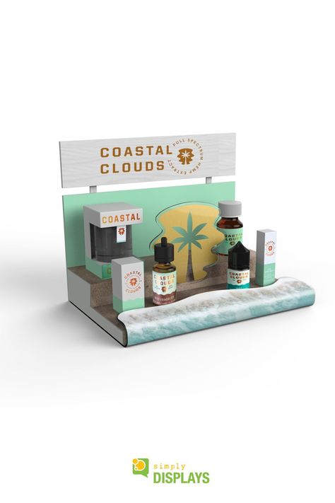 This custom designed CBD countertop display features a ocean themed that exemplifies the brand Coastal Clouds. Showcase your CBD products! oil, vape, tincture, and edibles. We work in all types of materials; wood, plastic, metal, cardboard, acrylic, and More. Visit our website to discover more ideas or request a quote. #simplydisplays #retaildisplay #POPdisplay Pop Display Design, Counter Display Design, Display Counter Design, Chocolate Business Ideas, Product Display Ideas, Posm Display Design, Branding Display, Brand Display, Acrylic Countertop