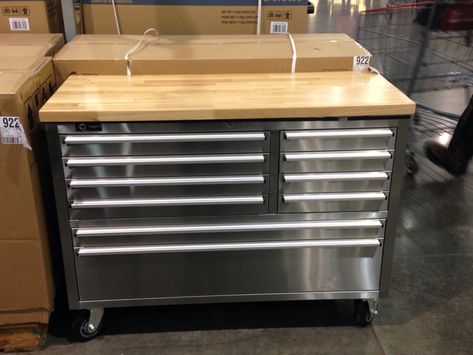 Tool box at Costco Trinity 48" stainless steel tool box $299 Barbershop Tool Boxes, Tool Box Barber Station, Barber Shop With Tool Boxes, Toolbox Barber Station, Tool Box Salon Station, Salon Tool Box Station, Tool Box As Kitchen Island, Tool Box Kitchen, Make A Kitchen Island