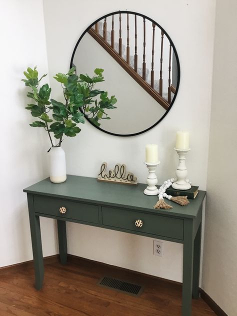 Sage Green Entryway Table, Teal Entry Table, Olive Green Entry Table, Sage Green Console Table, Hallway Table Makeover, Sage Green Entry Table, Green Console Table Entryway, Dark Green Console Table, Green Entryway Table