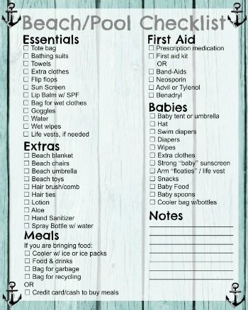 Free Printable: Beach/Pool Checklist | Budget Earth Pool Day Checklist, What To Bring To A Pool Party Checklist, Beach Things To Bring, Pool Party Essentials, What To Bring To A Pool Party, Pool Party Checklist, Pool Checklist, Party Essentials List, Pool Bag Essentials