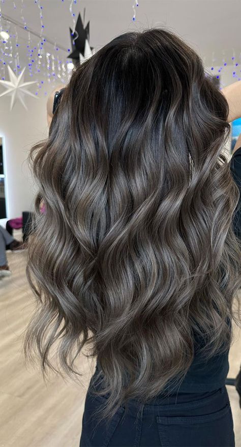 Hair Color Ideas For Brunettes Ash Brown, Grey Brown Balayage On Black Hair, Ash Brown Hair Balayage On Black Hair, Black To Mushroom Brown Hair, Round Face Balayage, Winter Hair Colour For Brunettes, Dark Toned Balayage, Ash Brown Brunette Hair, Ash Brown Black Hair