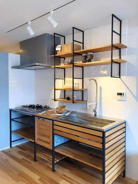 Small Industrial Kitchen, Industrial Kitchen Design Ideas, Small Room Kitchen, Simple Furniture Design, Kitchen Industrial, Industrial Kitchen Design, Desain Pantry, Simple Kitchen Design, Metal Furniture Design